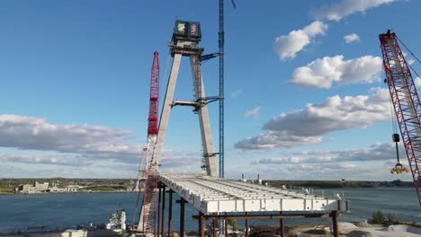 Construction-site-of-international-Gordie-Howe-bridge,-tilt-up-view