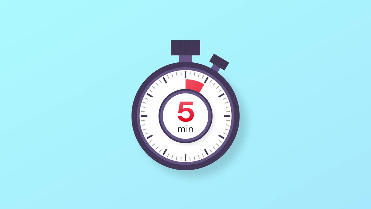 The 5 minutes timer. Stopwatch icon in flat style. Motion graphics.