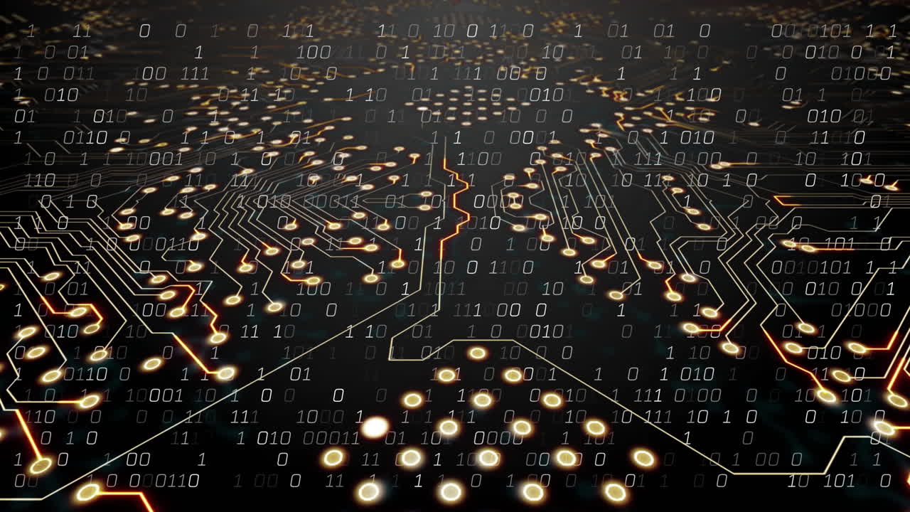 Binary code and circuit board animation over dark background with glowing nodes