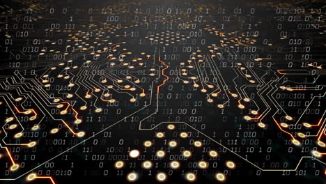 binary code and circuit board animation over dark background with glowing nodes