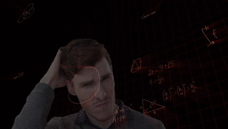 animation of a thoughtful caucasian man with mathematics formulae floating in the foreground