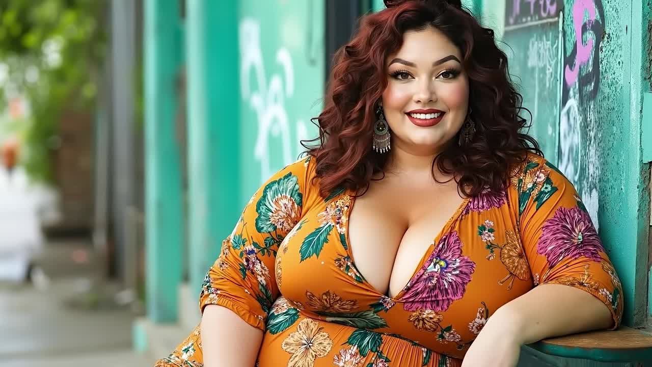 A woman in an orange dress leaning against a green wall