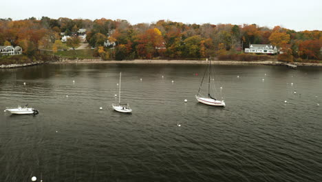 Drone-shot-of-sailboats-mooring-close-to-shore-in-autumn-landscape