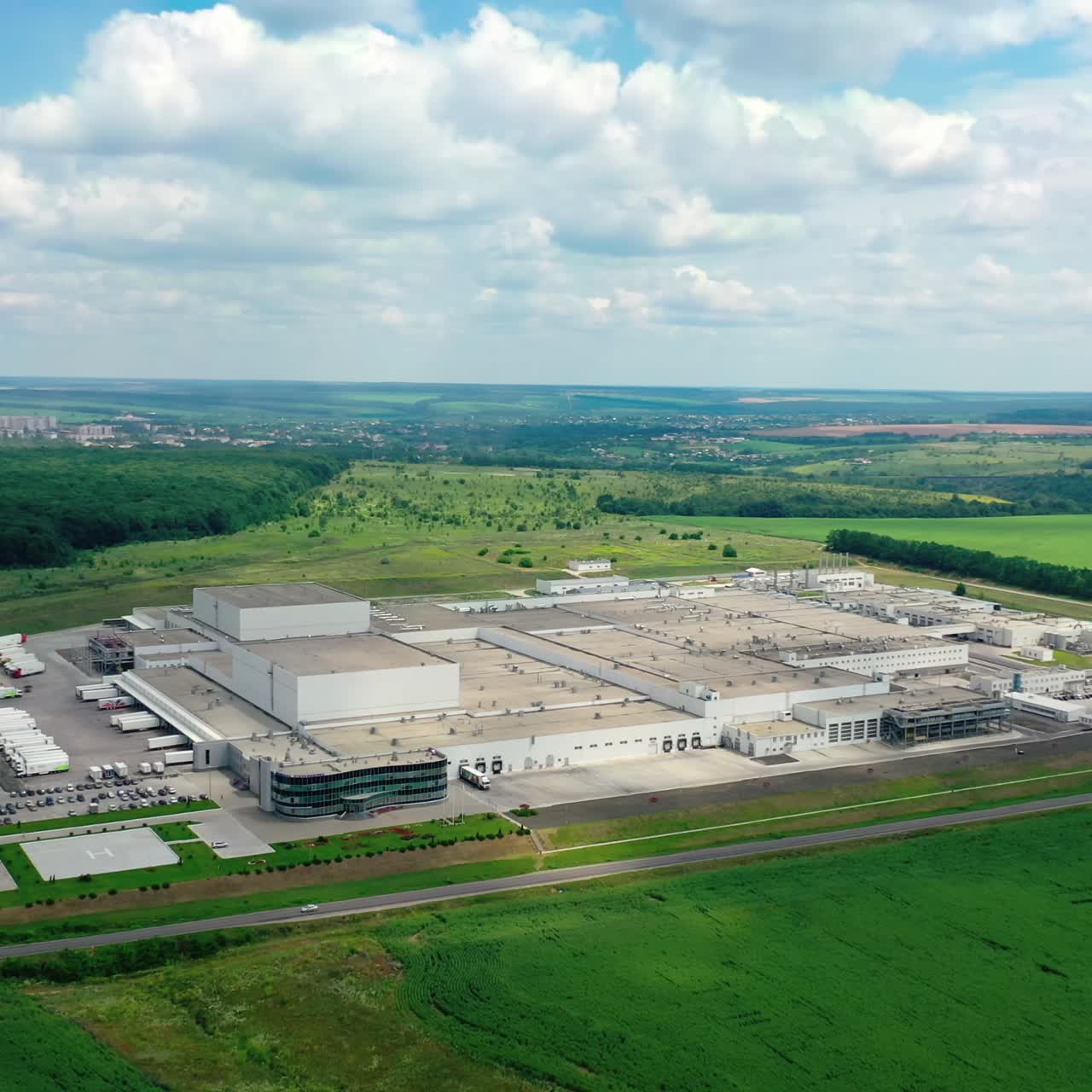 Aerial shot of factory zone. View of industrial factory from above