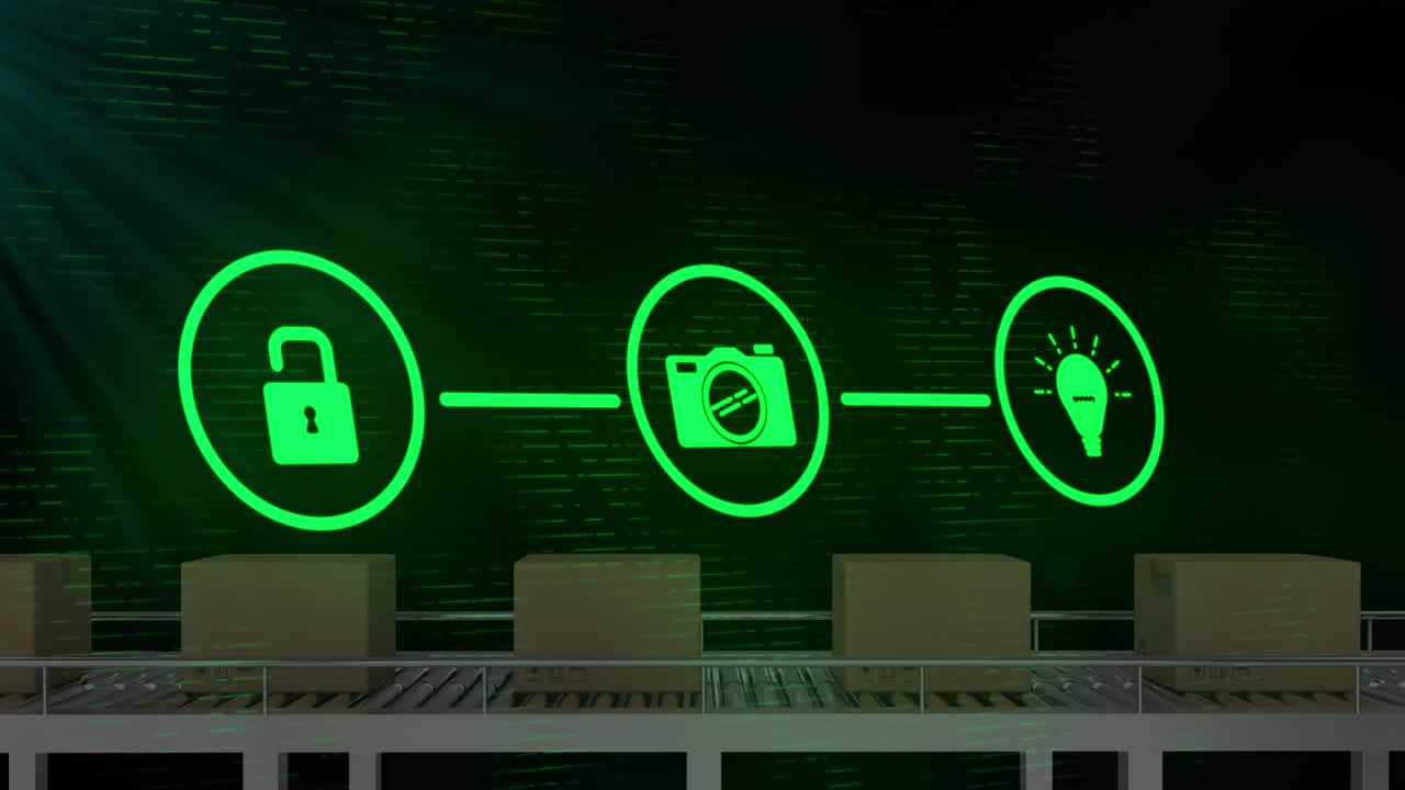 컨베이어 벨트의 상자 위에 있는 미디어 아이콘의 애니메이션