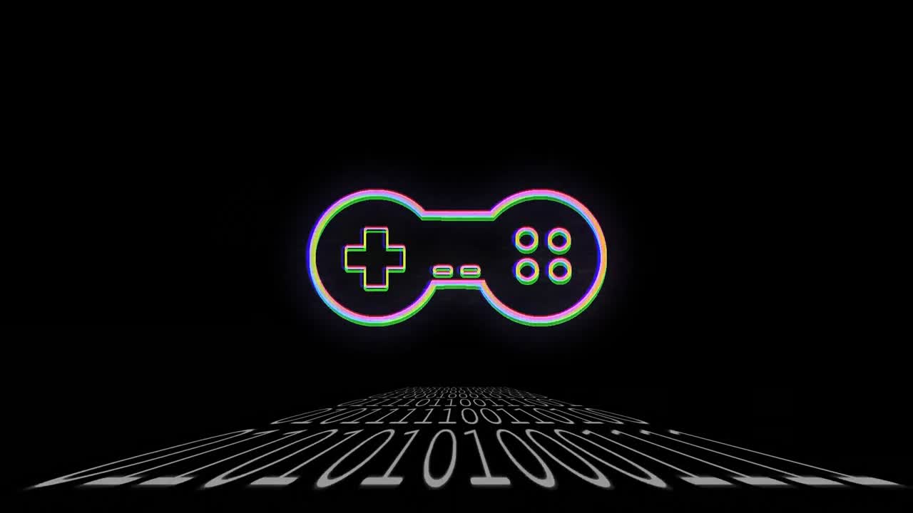 바이너리 코딩 배경 위의 게임 컨트롤 패드의 애니메이션