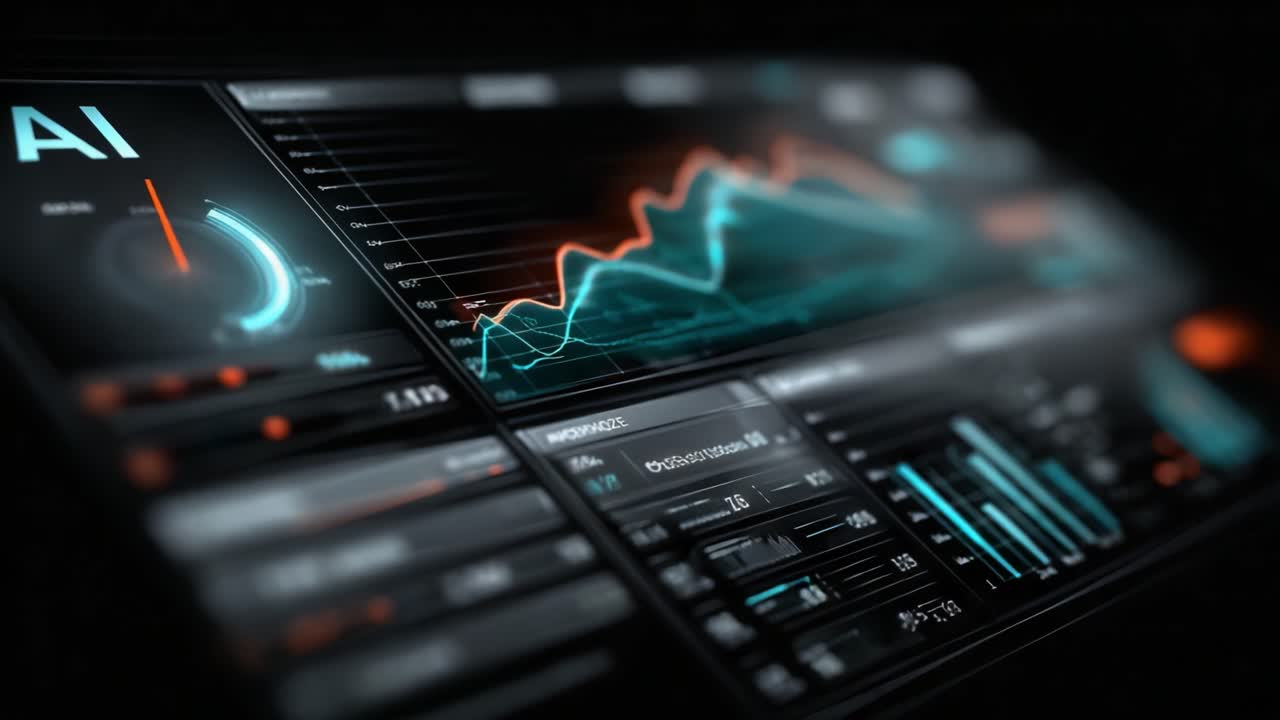 Futuristic Data Visualization Interface with AI Analysis and Graphical Representations of Trends and Metrics in a Digital Control Hub