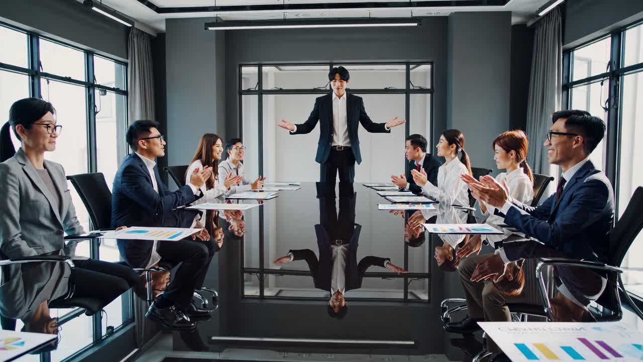 Professional business team showing collective appreciation, applauding speaker after successful presentation in sleek corporate meeting room, highlighting workplace collaboration and achievement