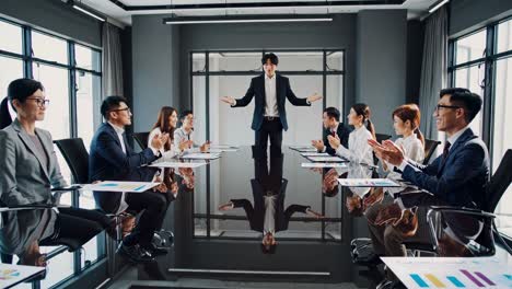 professional business team showing collective appreciation, applauding speaker after successful presentation in sleek corporate meeting room, highlighting workplace collaboration and achievement