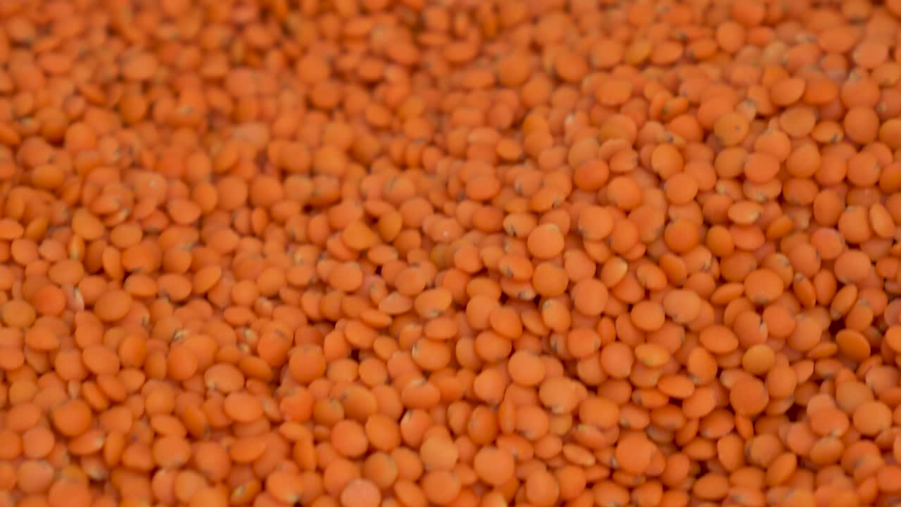 A lot of lentils on the market close-up. The camera moves.