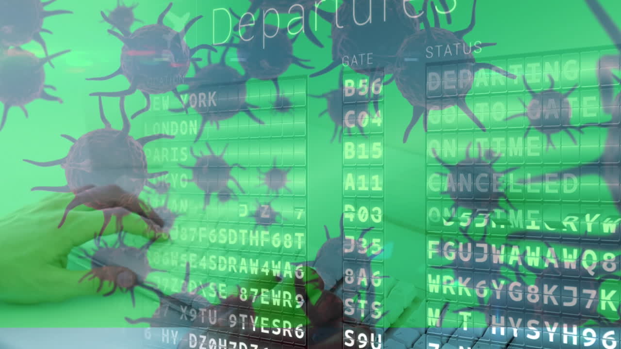 코로나 19 비행기 출발 보드 위에 떠다니는 셀 컴퓨터를 사용하는 사람의 중간 섹션에 대해