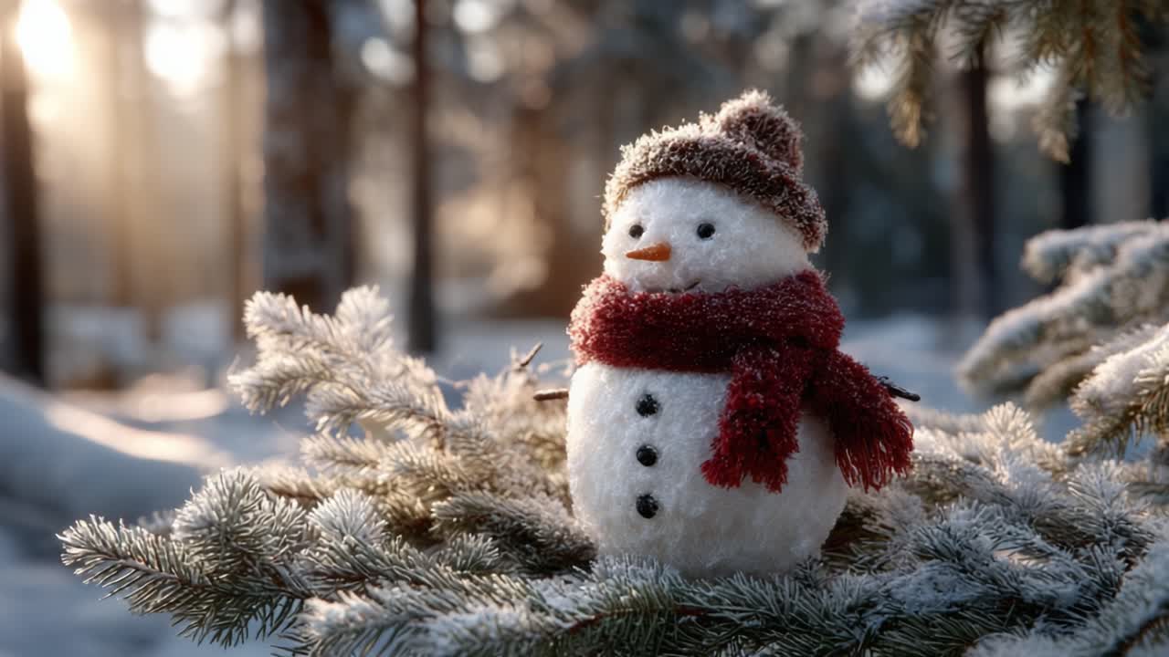 A Charming Snowman with a Cozy Hat and Scarf Stands Proudly Among Frosty Pine Branches in a Serene Winter Wonderland, Exuding Festive Cheer and Magical Essence