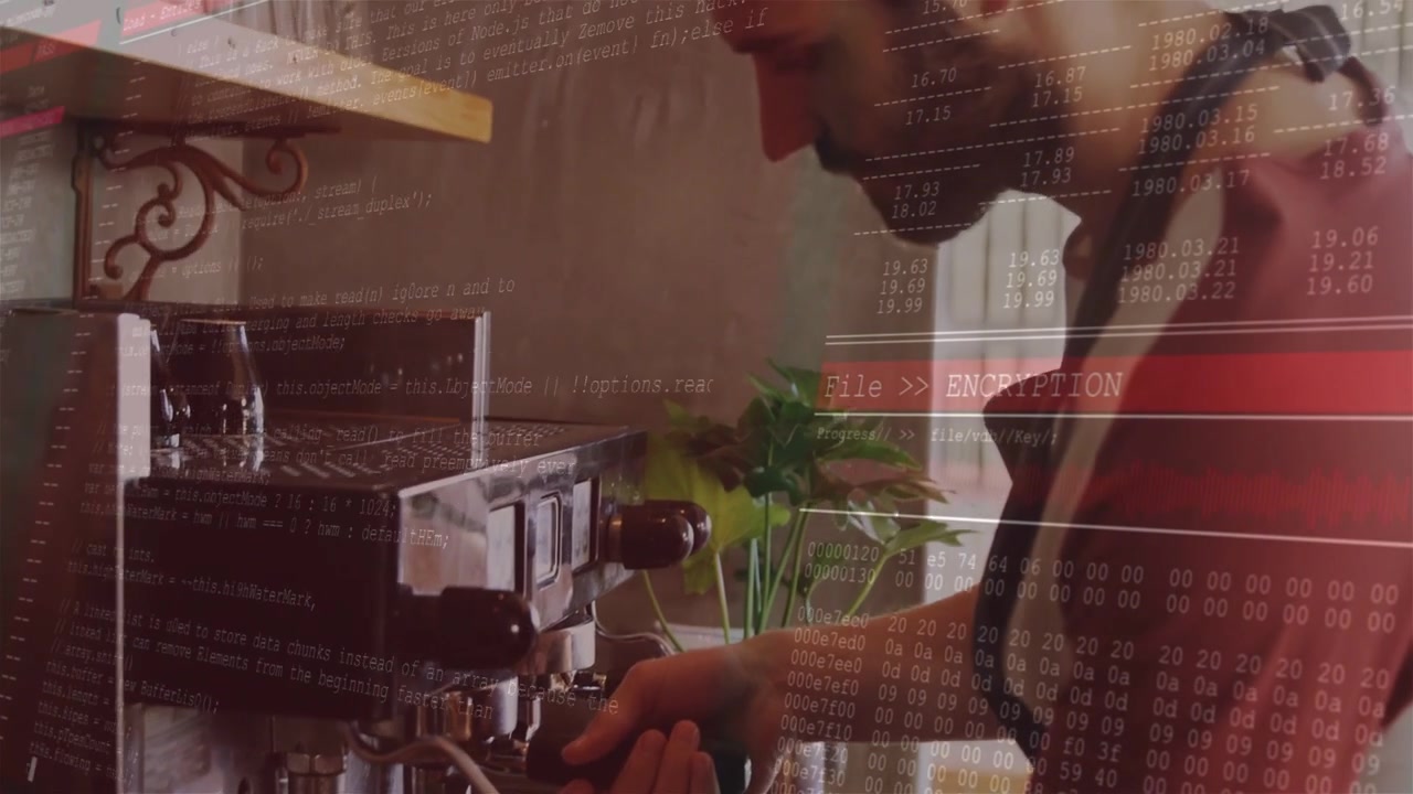 Barista che inserisce il portafiltro nella testata del gruppo, preparando l'estrazione con sovrapposizione di crittografia sulle mani