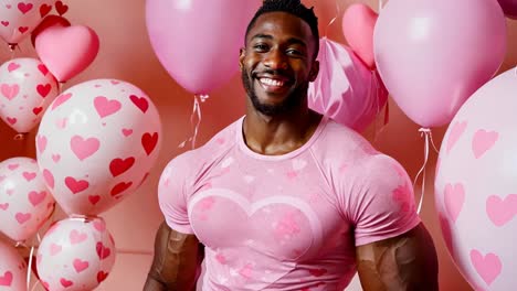 a man standing in front of a bunch of pink and white balloons