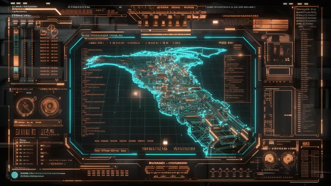 Abstract Futuristic Holographic Map with Digital Data Display