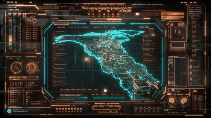 Abstract Futuristic Holographic Map with Digital Data Display
