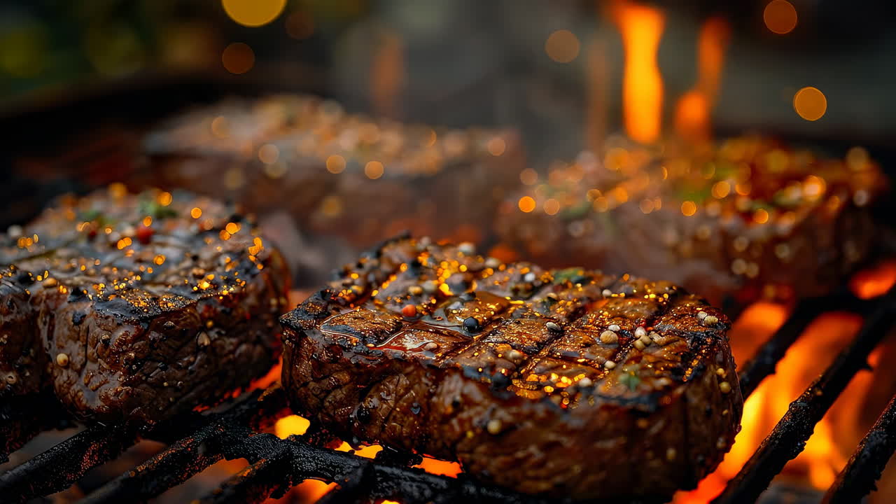 Grilling steaks at sunset. Juicy steaks sizzle on a grill with vibrant flames under a warm sunset sky, creating a perfect outdoor cooking scene