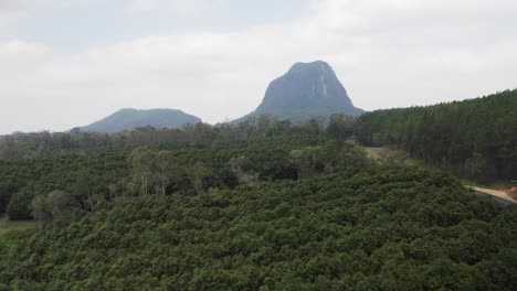 frondoso bosque con campo con vistas a las montañas de la casa de cristal en la región de la costa del sol, queensland, australia