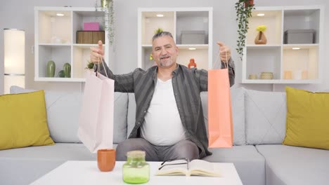 old man looking at camera with shopping bags.