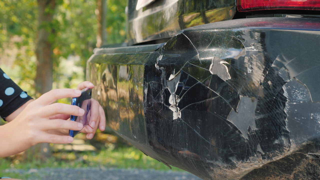 женщина фотографирует поврежденный бампер автомобиля