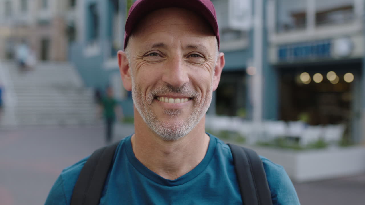 close up portrait of mature attractive caucasian tourist man wearing hat looking at camera smiling city background
