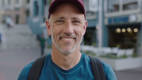 close-up-portrait-of-mature-attractive-caucasian-tourist-man-wearing-hat-looking-at-camera-smiling-city-background