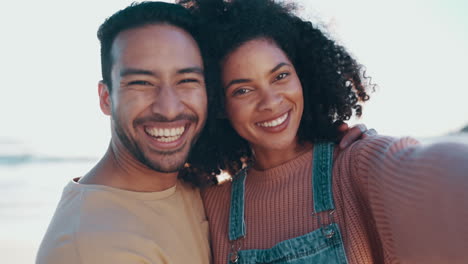selfie, happy and love with a couple on the beach