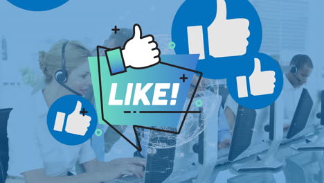 animation of media icons over business people using computer