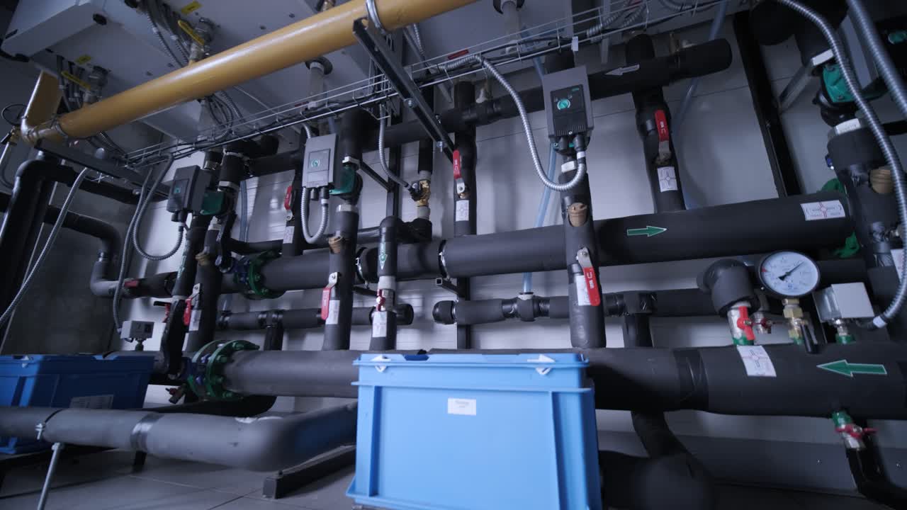 moderna sala de calderas de gas industriales equipadas para el proceso de calefacción. calderas, tuberías y válvulas de gas de calentamiento.