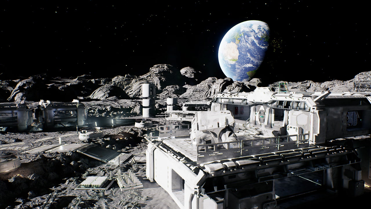 Moon base setup moon habitat featuring cargo transfer systems and vehicles