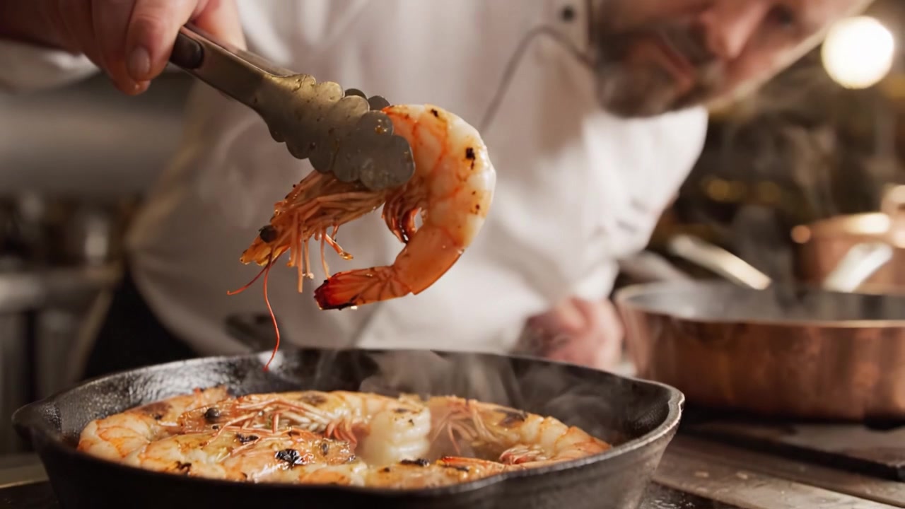 Un maestro chef prepara abilmente un delizioso piatto di frutti di mare in una padella sfrigolante, mostrando tecniche di cottura esperte in un ambiente culinario elegante
