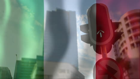 italian flag animation overlay on traffic light and buildings in city