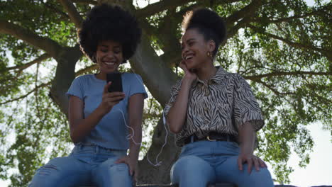 Two-mixed-race-women-listening-music-in-park