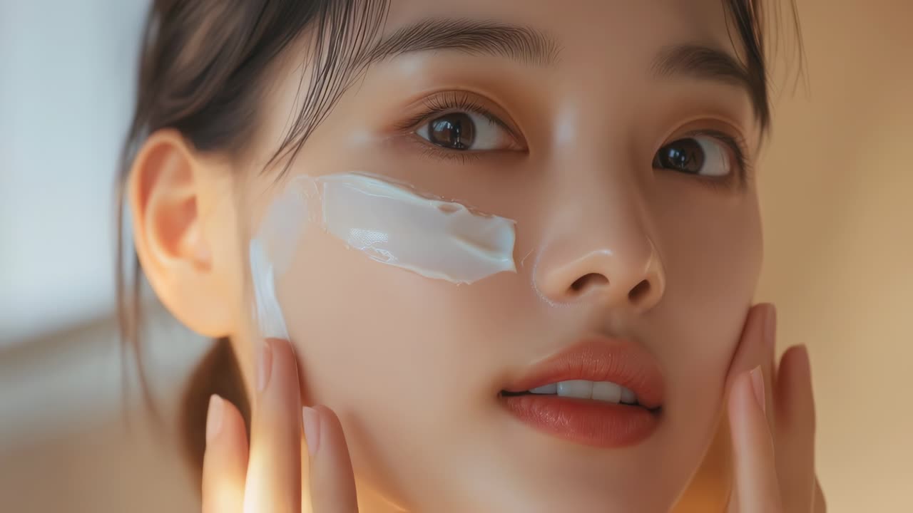 Smiling young asian woman performing personalized skincare routine, gently applying moisturizing beauty treatment while focusing on facial hydration and skin wellness