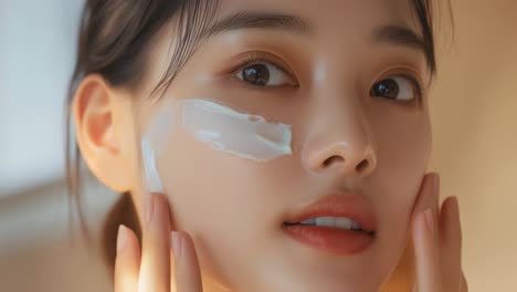 smiling young asian woman performing personalized skincare routine, gently applying moisturizing beauty treatment while focusing on facial hydration and skin wellness