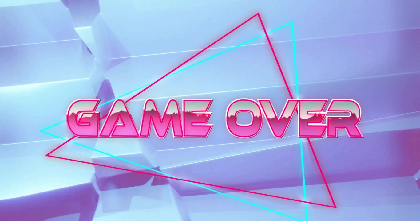 Neon GAME OVER-tekst gloeiend op een verloop dat magenta en cyaan draadmodellen kruist, waardoor 3D arcadekunst ontstaat