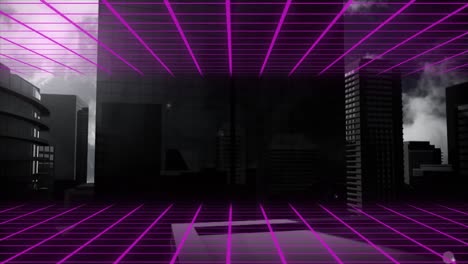 Digitale-Komposition-Eines-Violetten-Gitternetzes-Vor-Hohen-Gebäuden-Im-Hintergrund