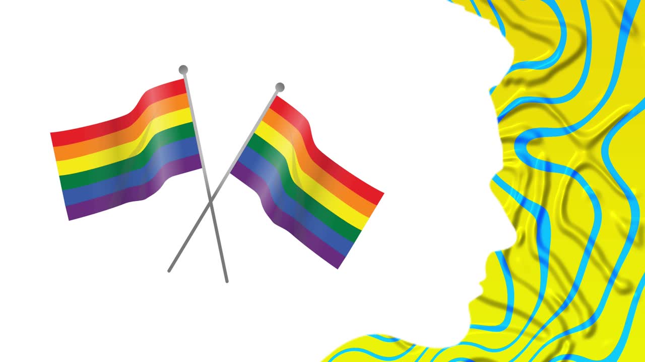 animación de banderas arco iris sobre fondo amarillo y azul