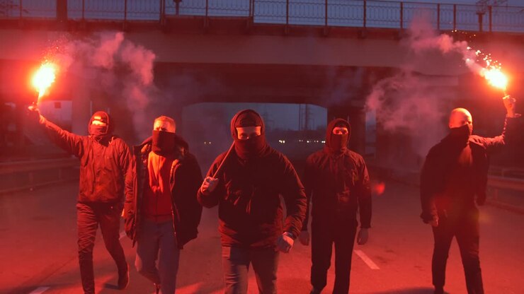 Group of young men in balaclavas with red burning signal flare walking on the road under the bridge, slow motion