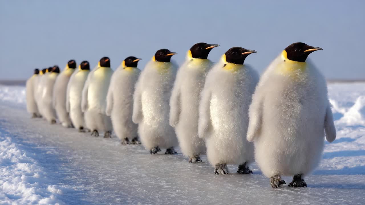 A Charming Line of Emperor Penguin Chicks Walking in a Snowy Landscape Under a Clear Blue Sky, Capturing the Striking Beauty of Nature's Most Adorable Creatures