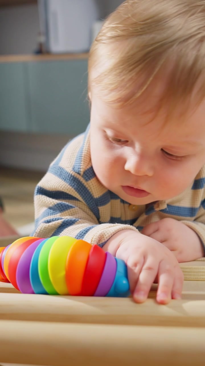 Adorabile bambino che gioca con un bruco giocattolo colorato sul pavimento