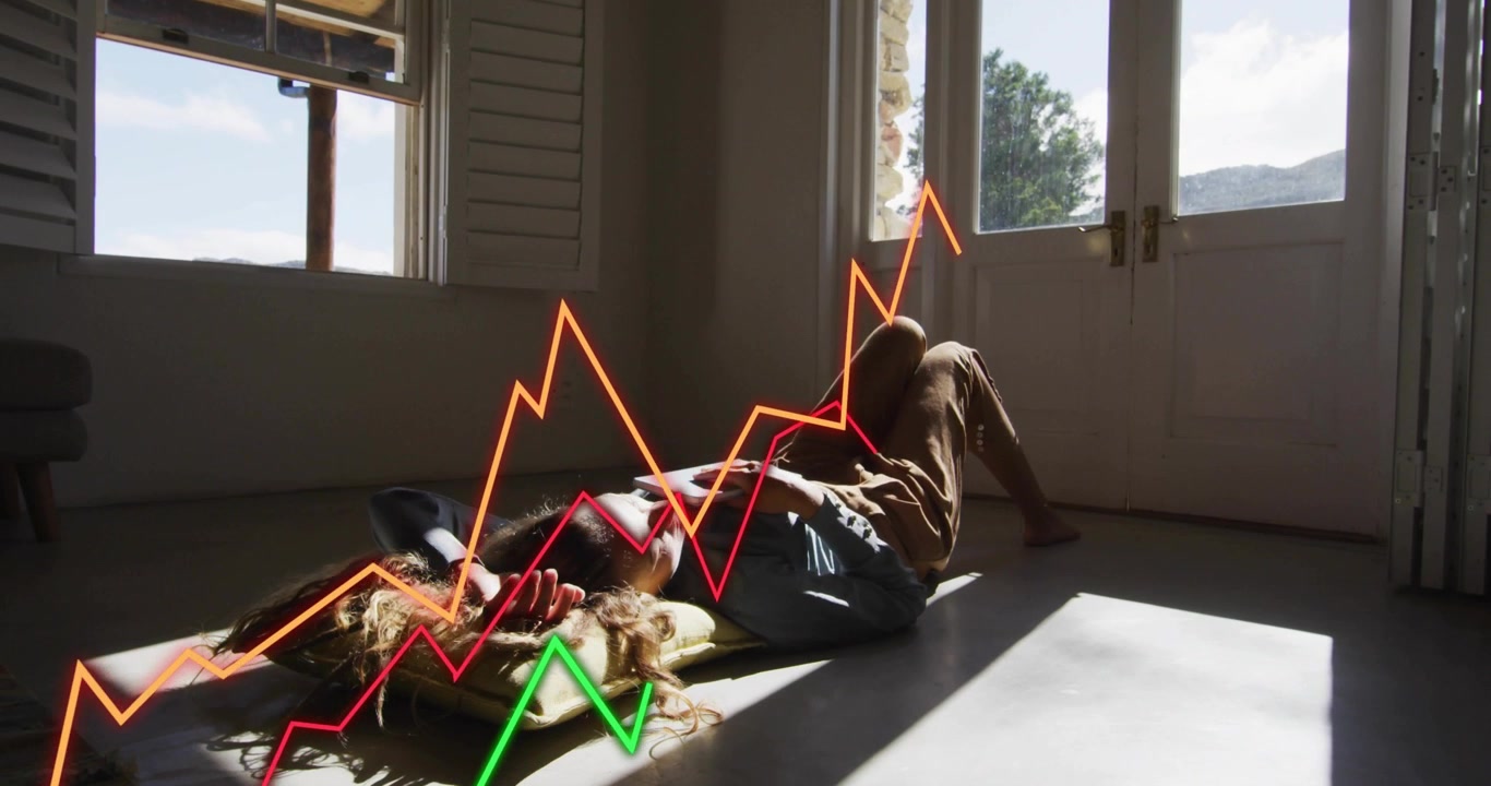 Woman Lying on Floor with Animated Financial Graph Overlay