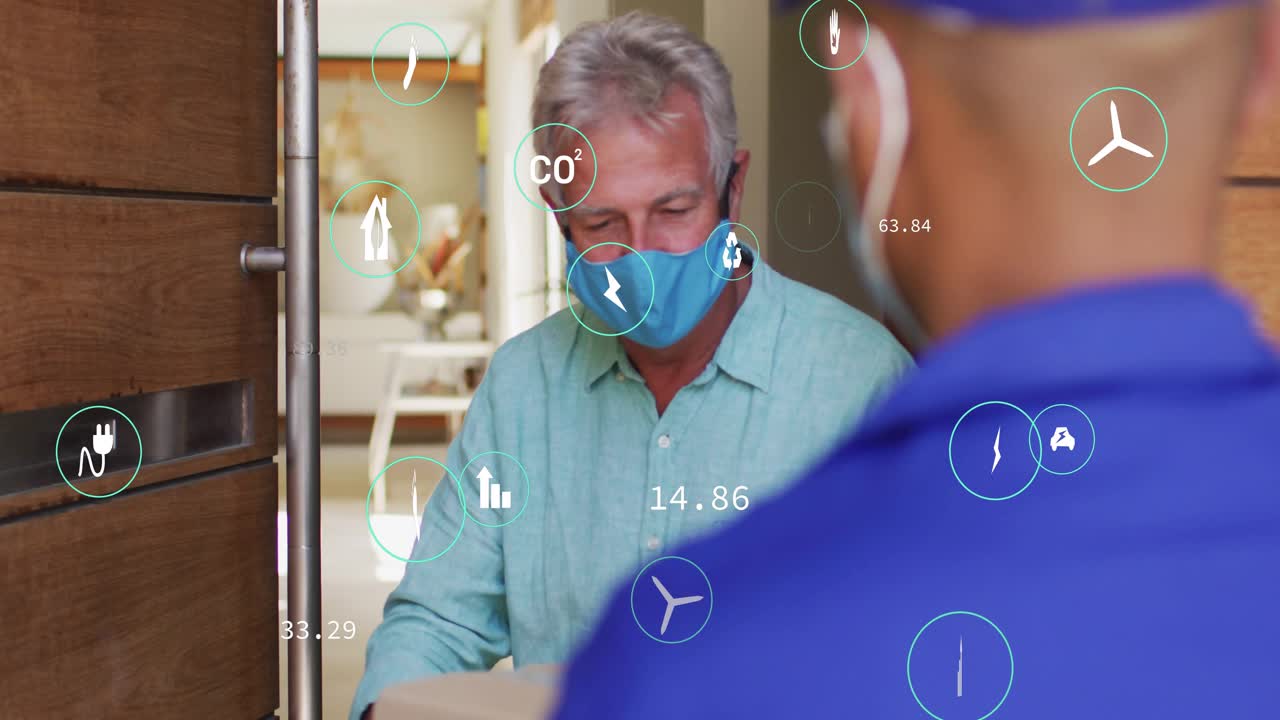 Delivery worker ringing doorbell at home, homeowner peering out and receiving package for delivery