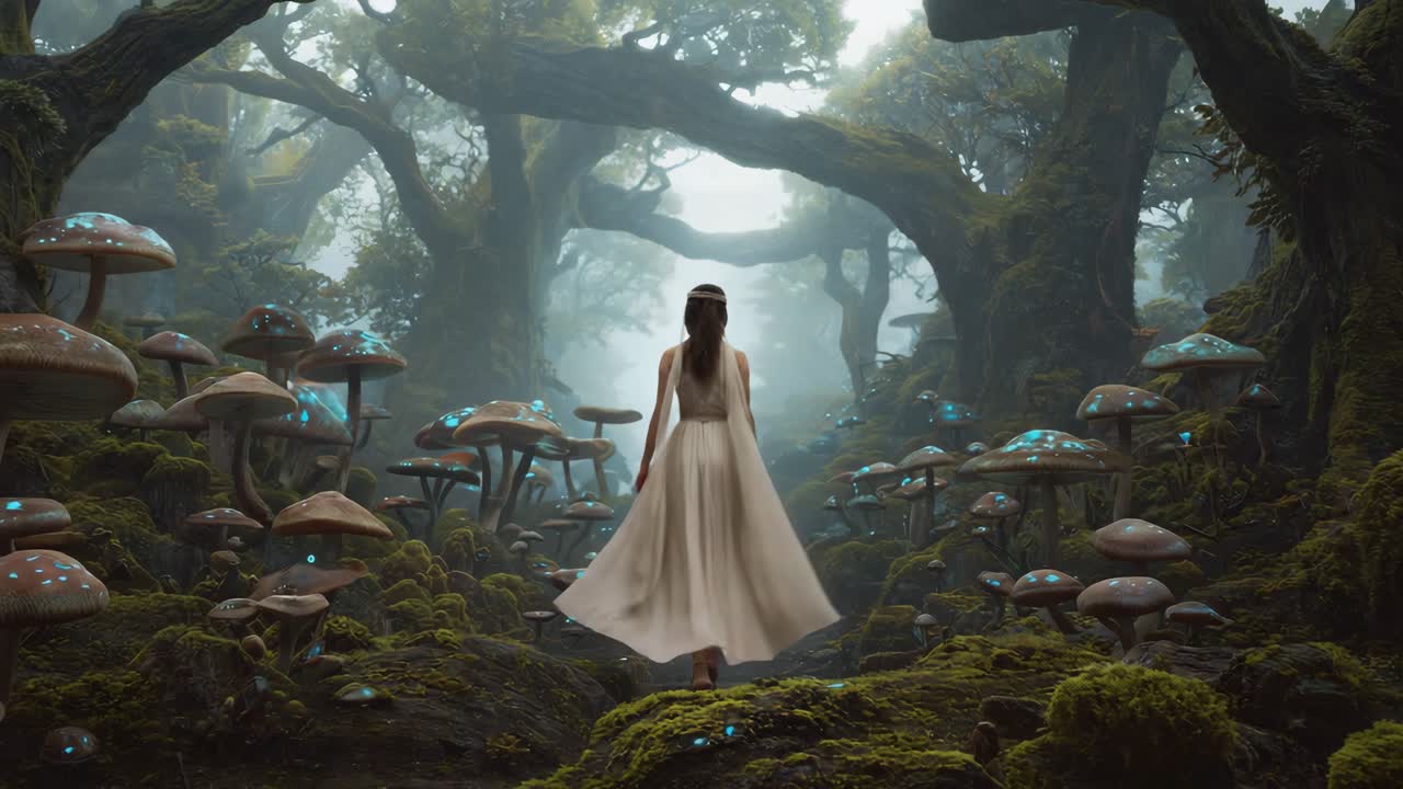 A woman walks through a magical mushroom forest