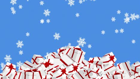 Animación-Digital-De-Copos-De-Nieve-Cayendo-Sobre-Varias-Cajas-De-Regalo-De-Navidad-Sobre-Fondo-Azul