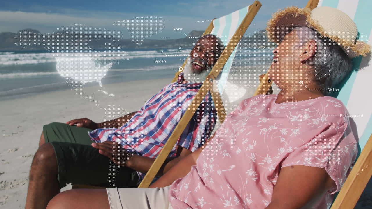 Couple reclining on beach chairs, sharing conversation in business with animated line chart