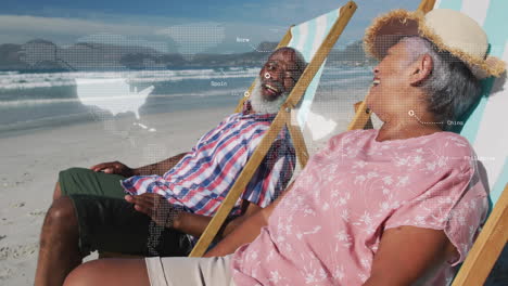 couple reclining on beach chairs, sharing conversation in business with animated line chart
