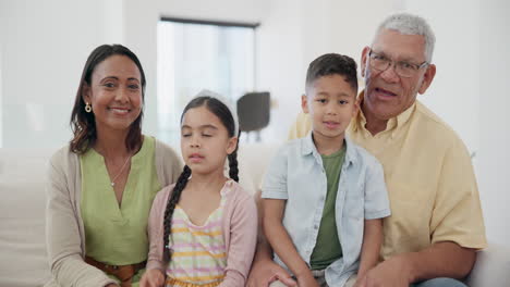 happy, face and children with grandparents on sofa