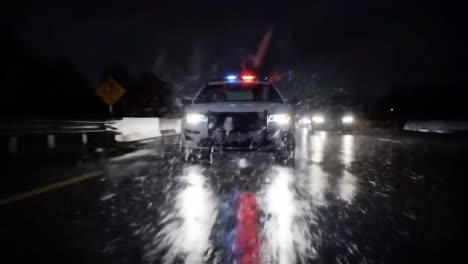 a high-stakes chase unfolds on a wet highway as police lights flash against a dark, rain-soaked backdrop. speeding cars navigate the treacherous conditions with urgency and determination.