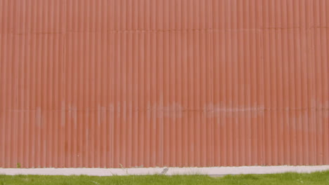 young woman in formal clothes going to work on bicycle and passing in front of a prefab metal building